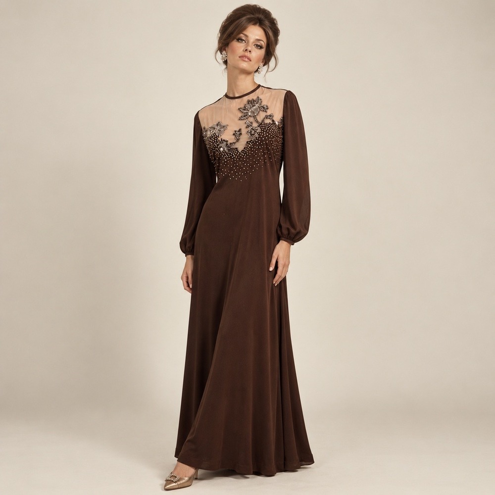 Mr. Blackwell Maxi Dress Women M Brown Vintage 60s Beaded Gown Formal Collectors